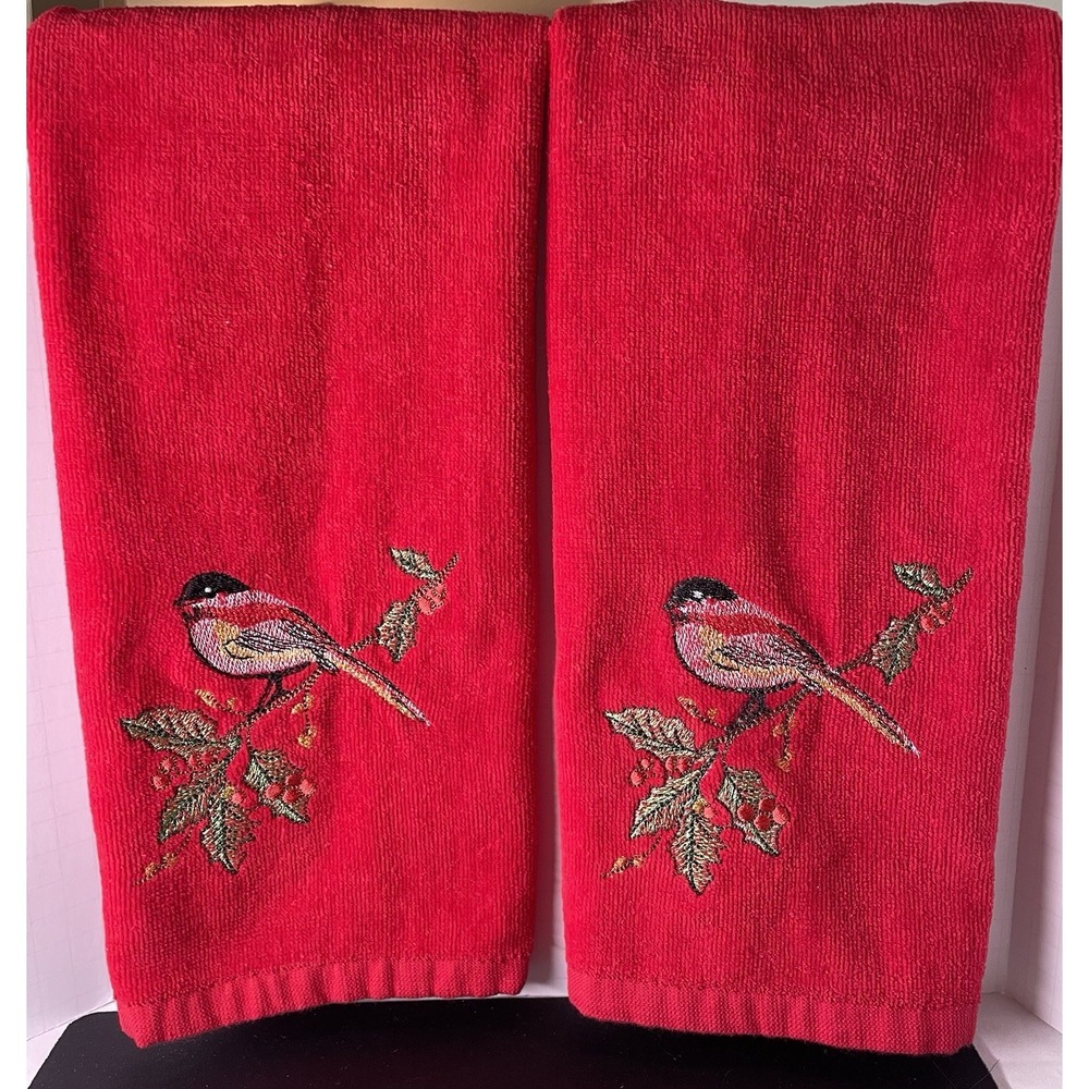 Lenox Set of 2 Winter Song Red Hand Kitchen Towels. Embroidered Holly & Birds